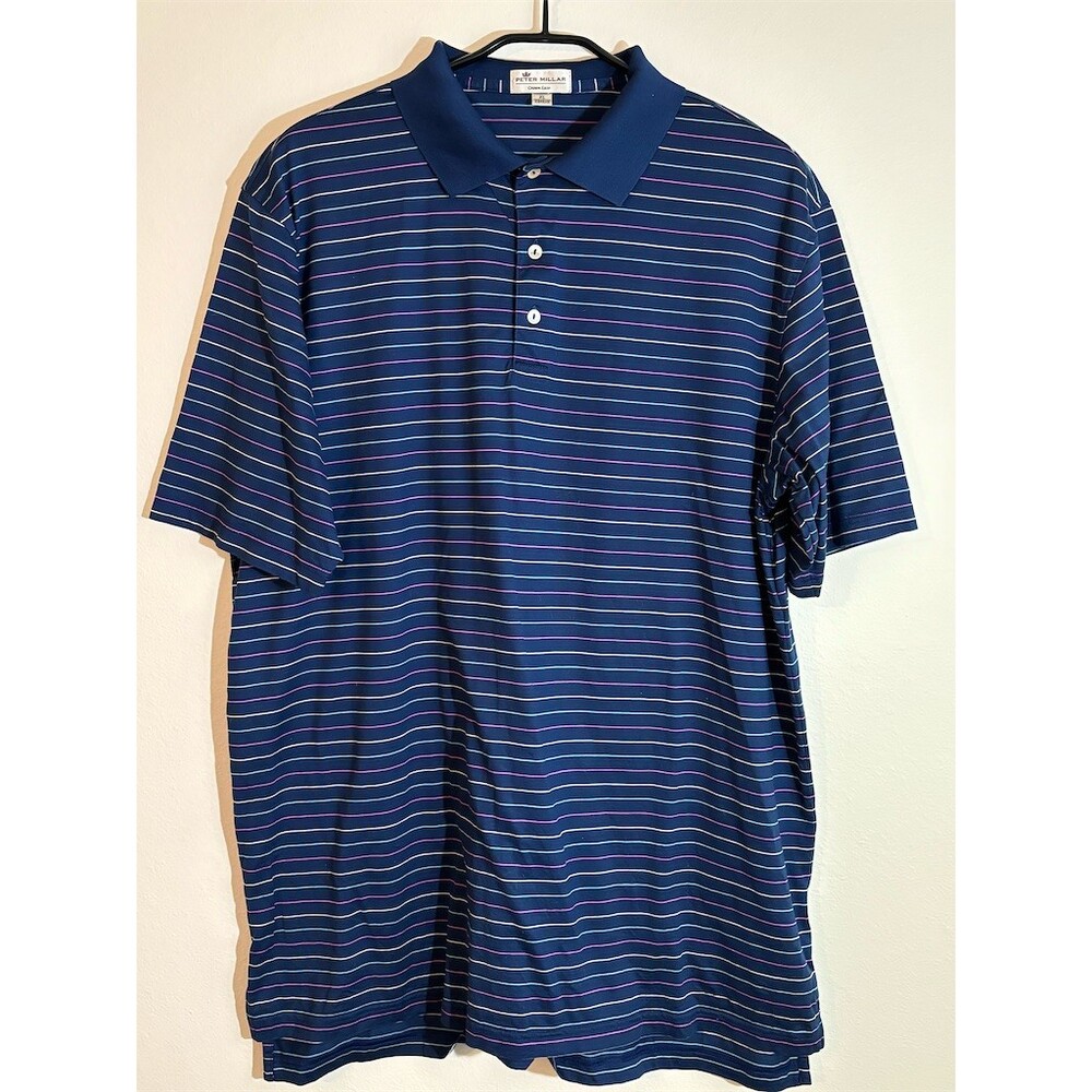 Peter Millar Crown Ease Polo Shirt Men's XL Blue Striped Short Sleeve Golf